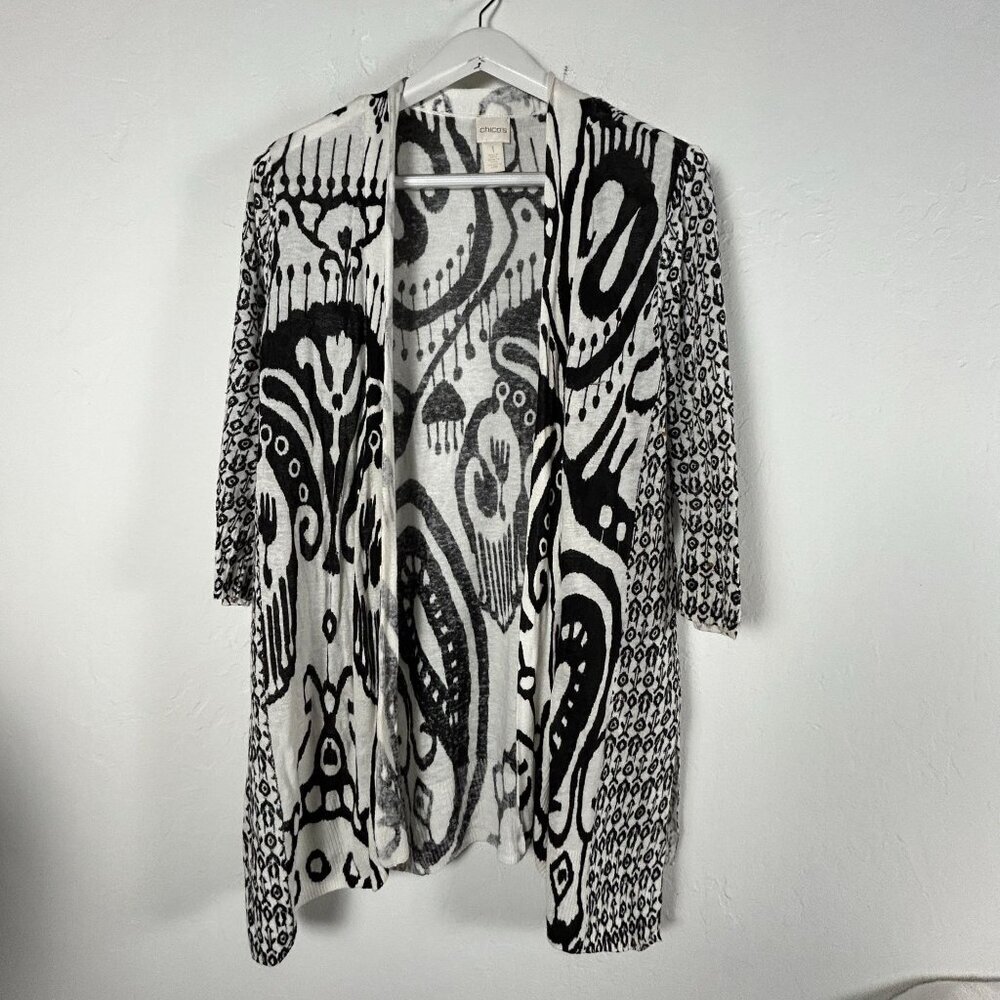 Chico's Womens Sabrina Open Front Cardigan Size 1 White Black Print Linen Blend